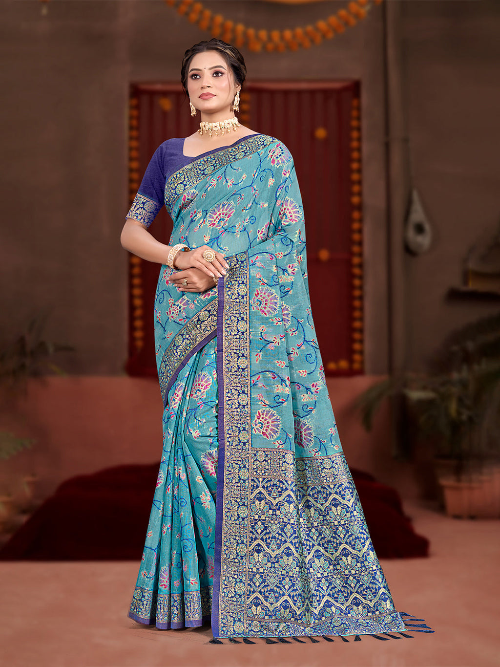 Sangam Prints Sky Blue Cotton Silk With Meena Woven Work Traditional Saree - Distacart