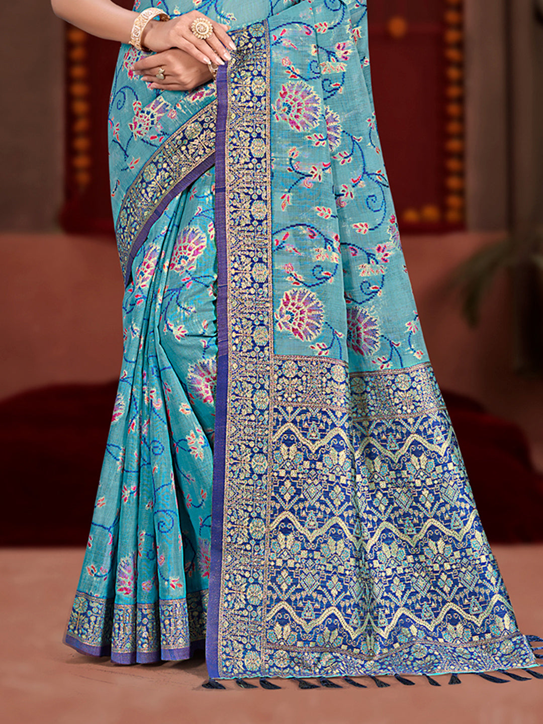 Sangam Prints Sky Blue Cotton Silk With Meena Woven Work Traditional Saree - Distacart