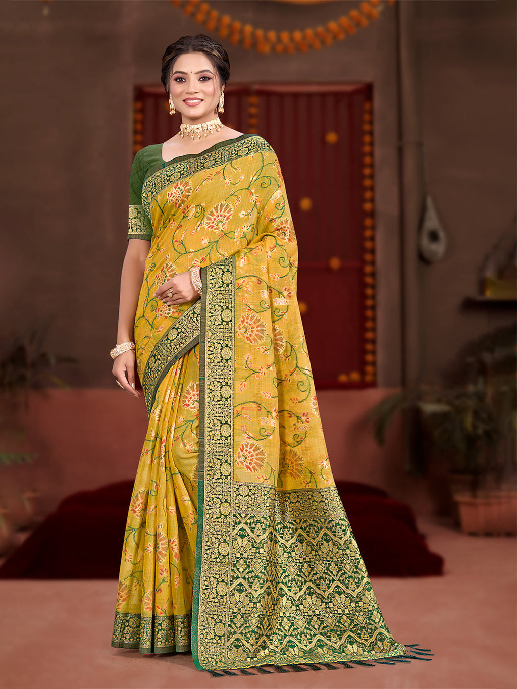 Sangam Prints Yellow Cotton Silk With Meena Woven Work Traditional Saree - Distacart