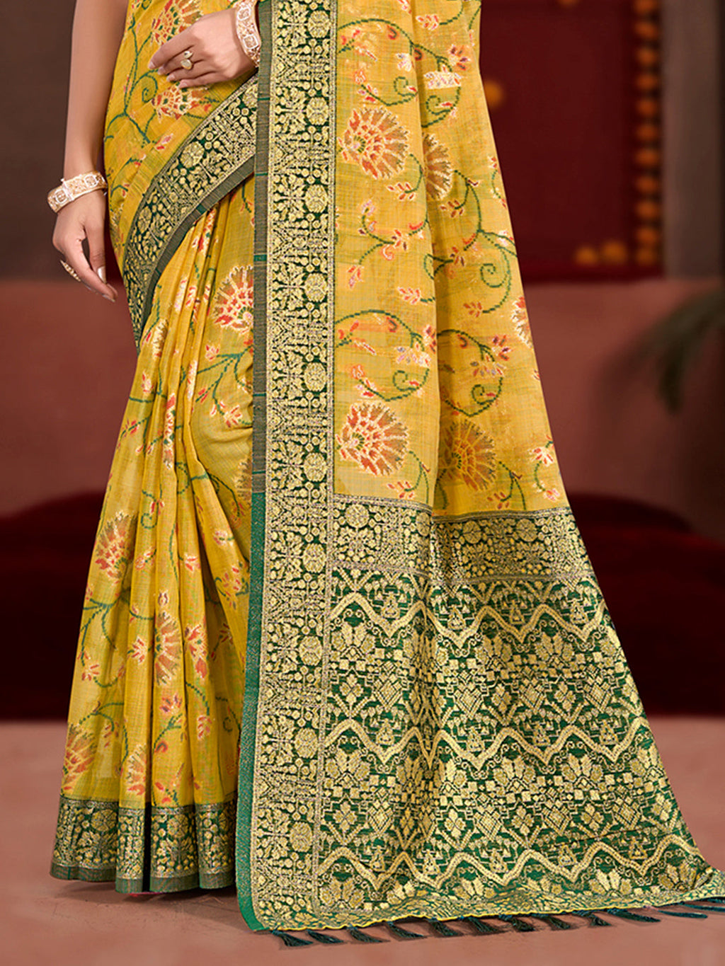 Sangam Prints Yellow Cotton Silk With Meena Woven Work Traditional Saree - Distacart