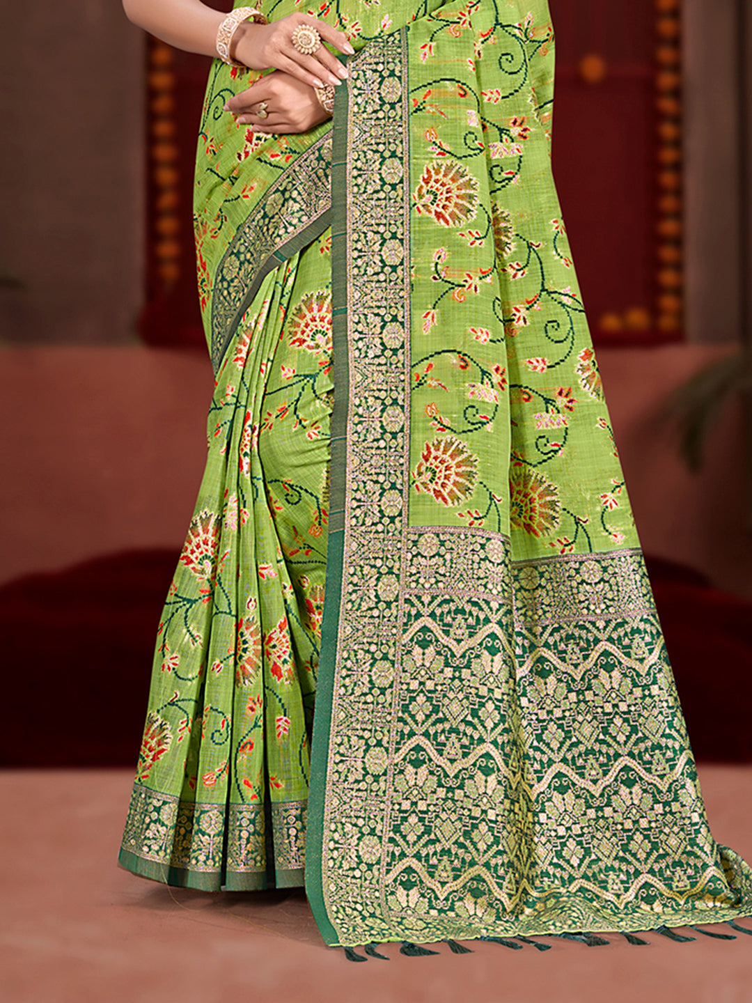 Sangam Prints Green Cotton Silk With Meena Woven Work Traditional Saree - Distacart