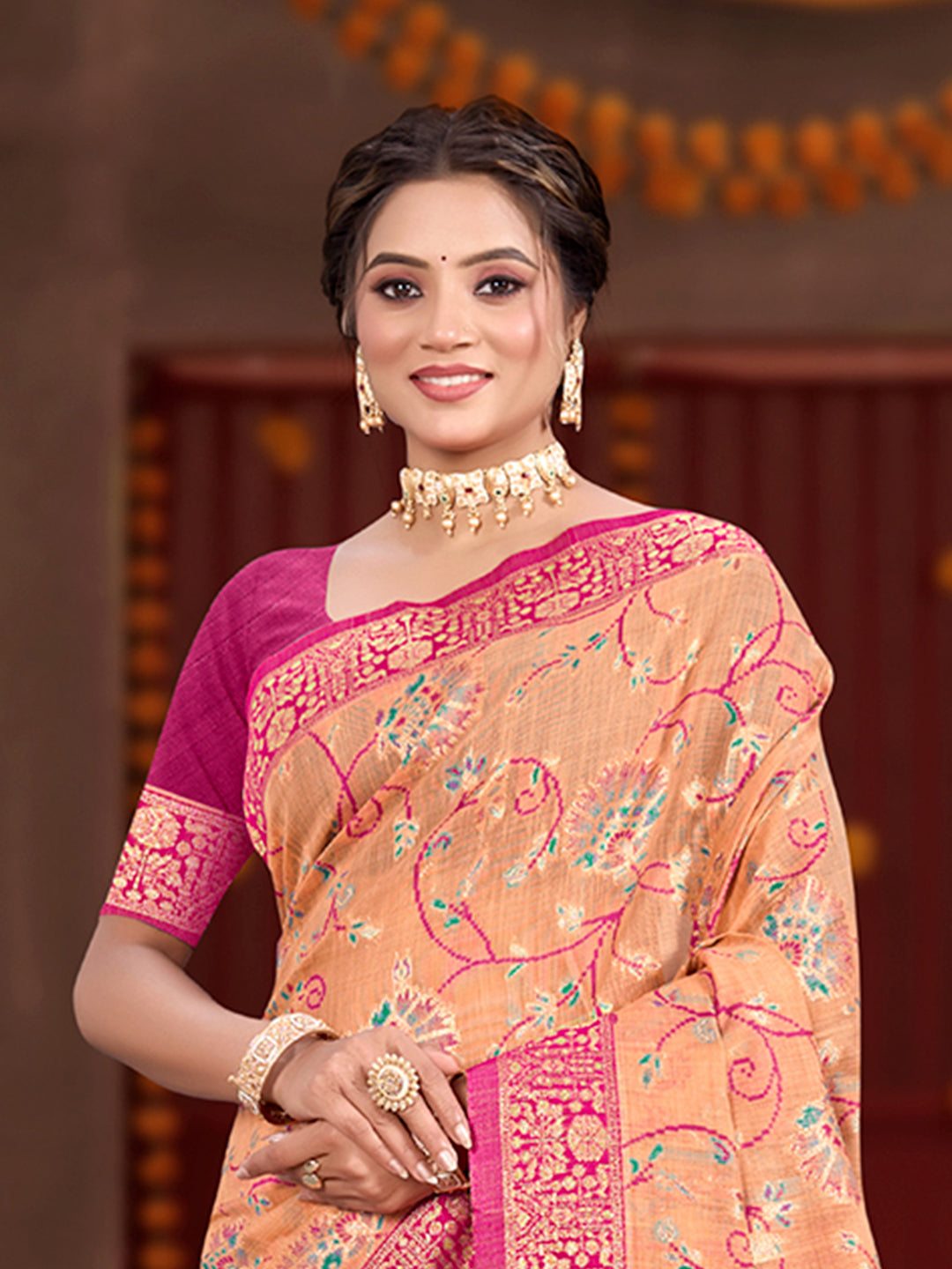 Sangam Prints Peach Cotton Silk With Meena Woven Work Traditional Saree - Distacart