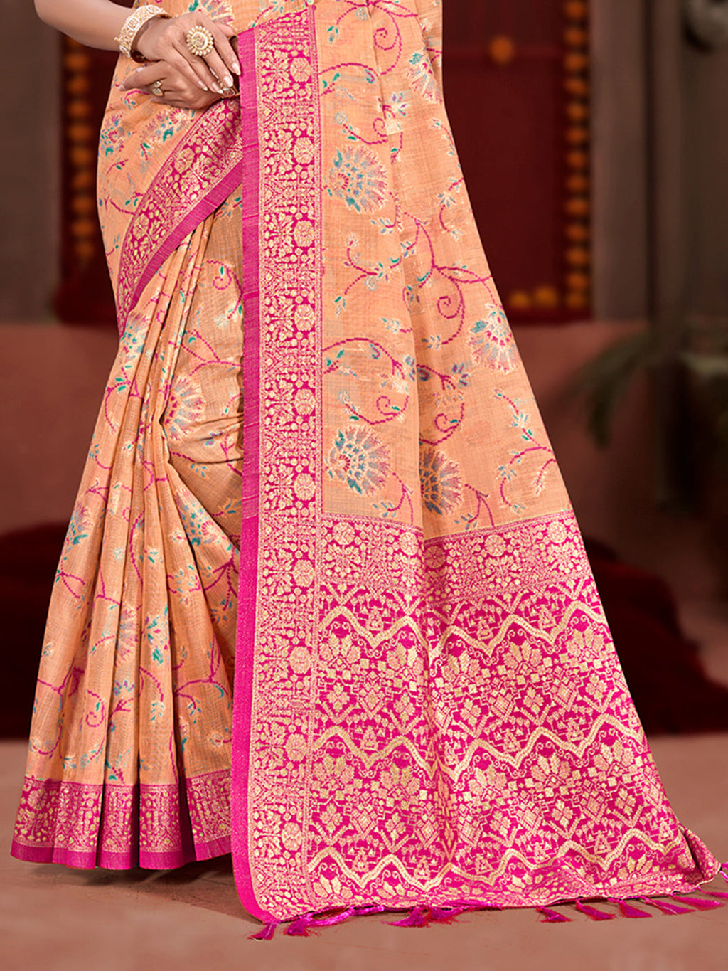 Sangam Prints Peach Cotton Silk With Meena Woven Work Traditional Saree - Distacart