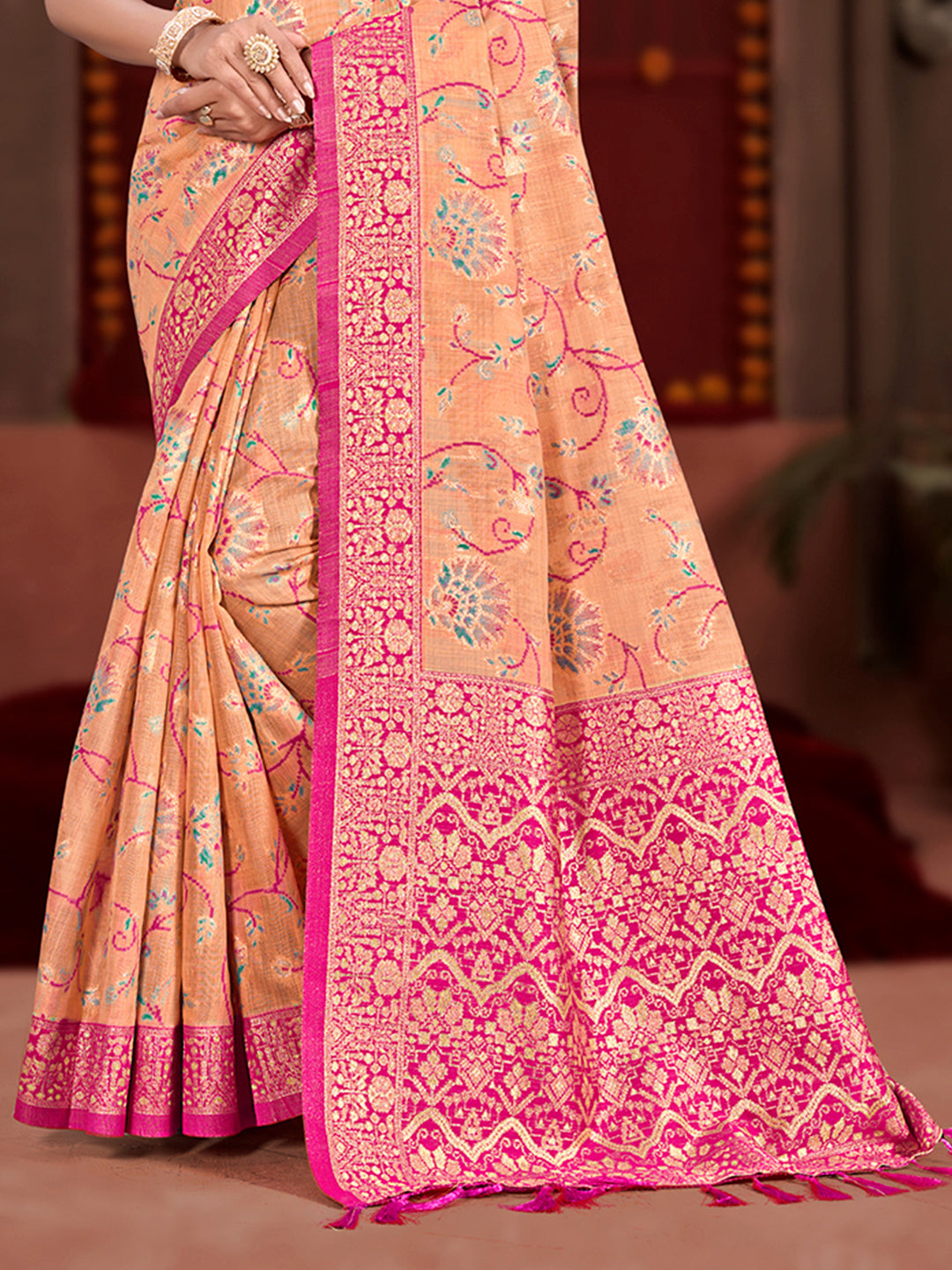 Sangam Prints Peach Cotton Silk With Meena Woven Work Traditional Saree - Distacart