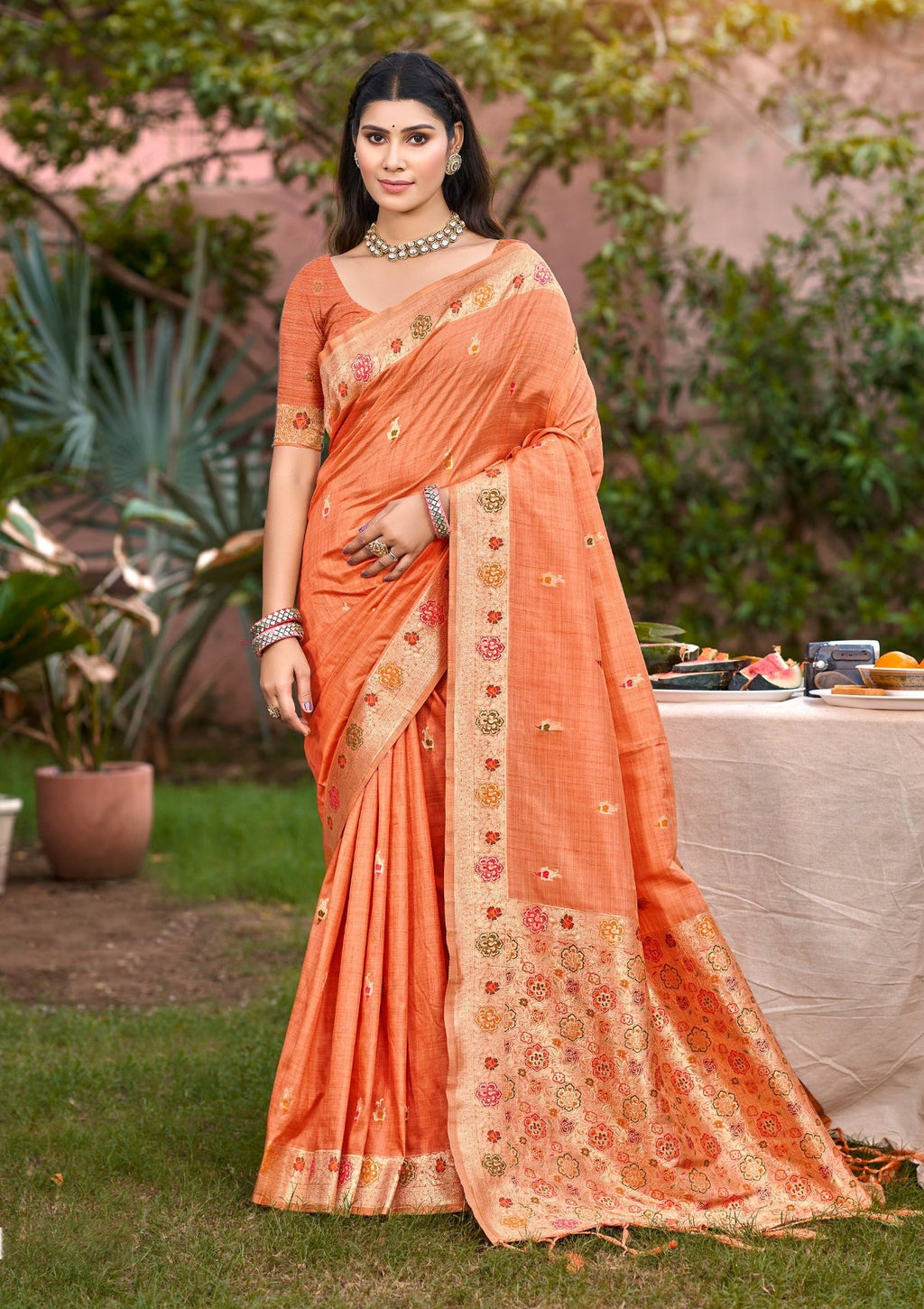 Sangam Prints Orange Heavy Assam Silk Saree With Meena Woven Work Traditional Saree - Distacart