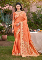 Sangam Prints Orange Heavy Assam Silk Saree With Meena Woven Work Traditional Saree - Distacart
