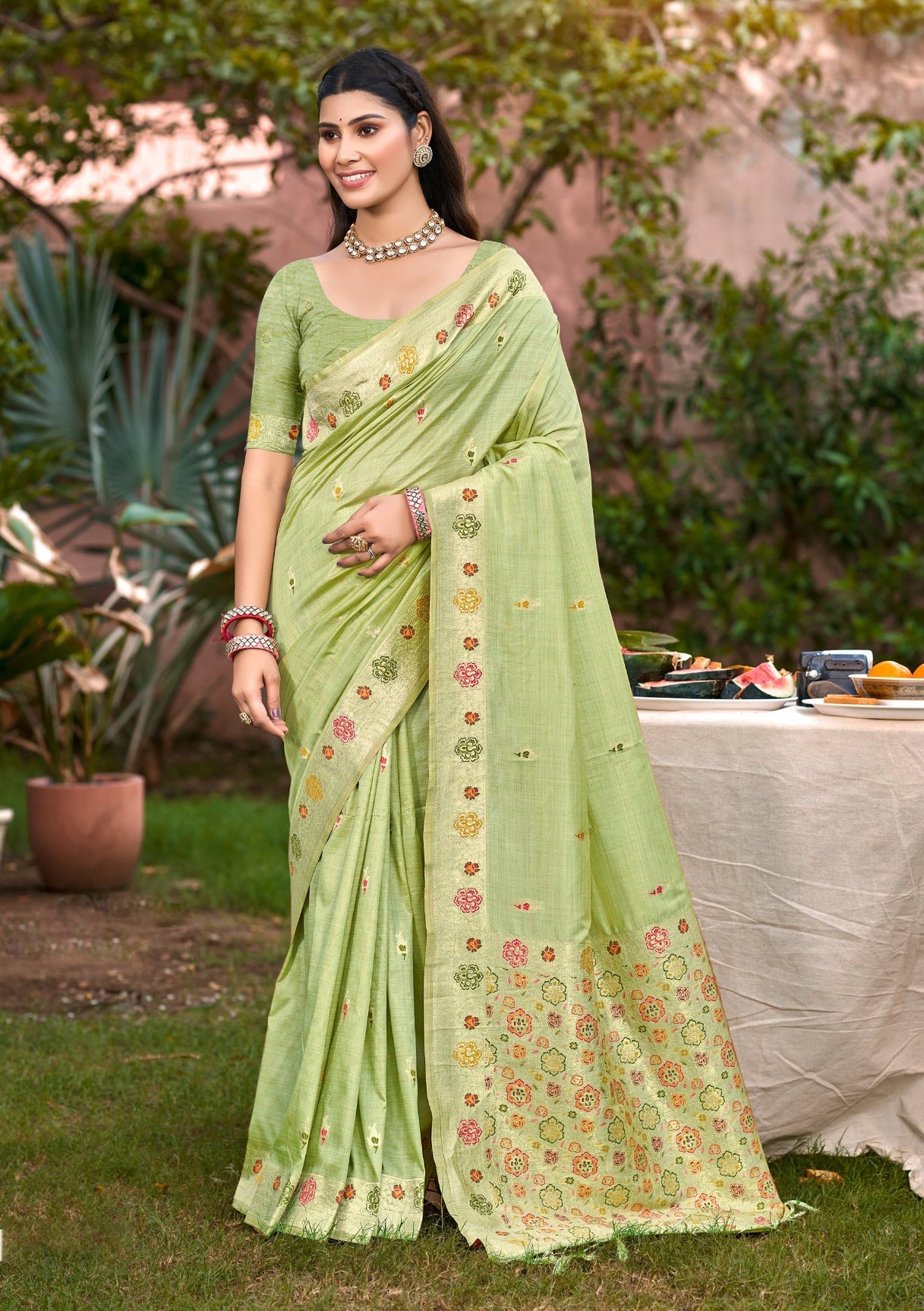 Sangam Prints Lite Green Heavy Assam Silk Saree With Meena Woven Work Traditional Saree - Distacart