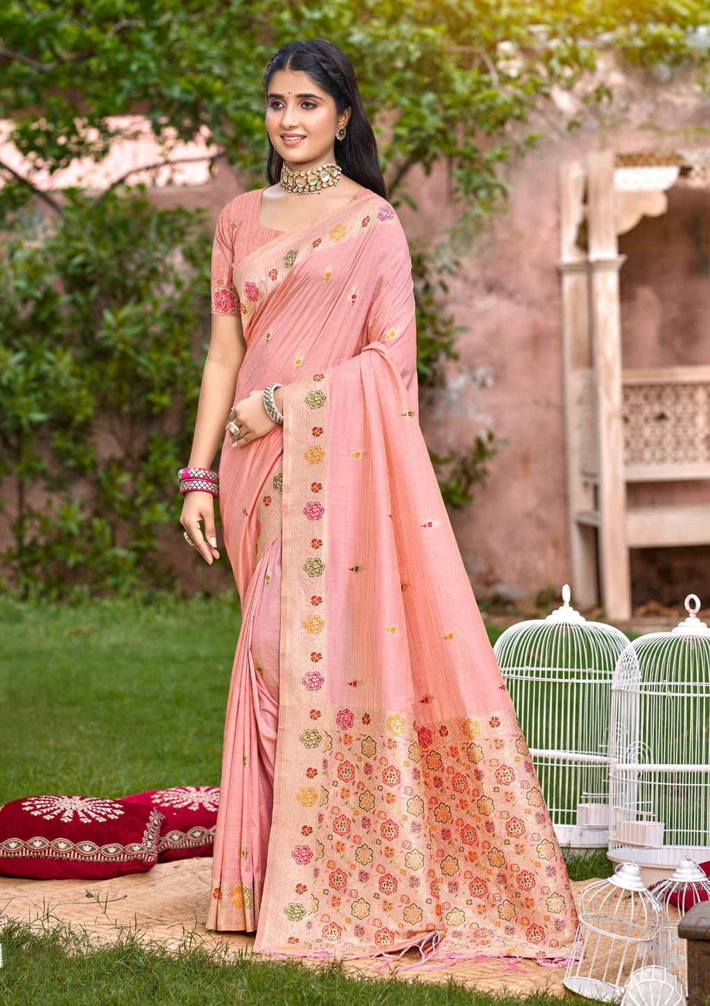 Sangam Prints Peach Heavy Assam Silk Saree With Meena Woven Work Traditional Saree - Distacart