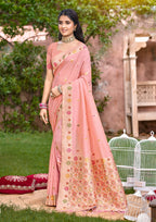 Sangam Prints Peach Heavy Assam Silk Saree With Meena Woven Work Traditional Saree - Distacart
