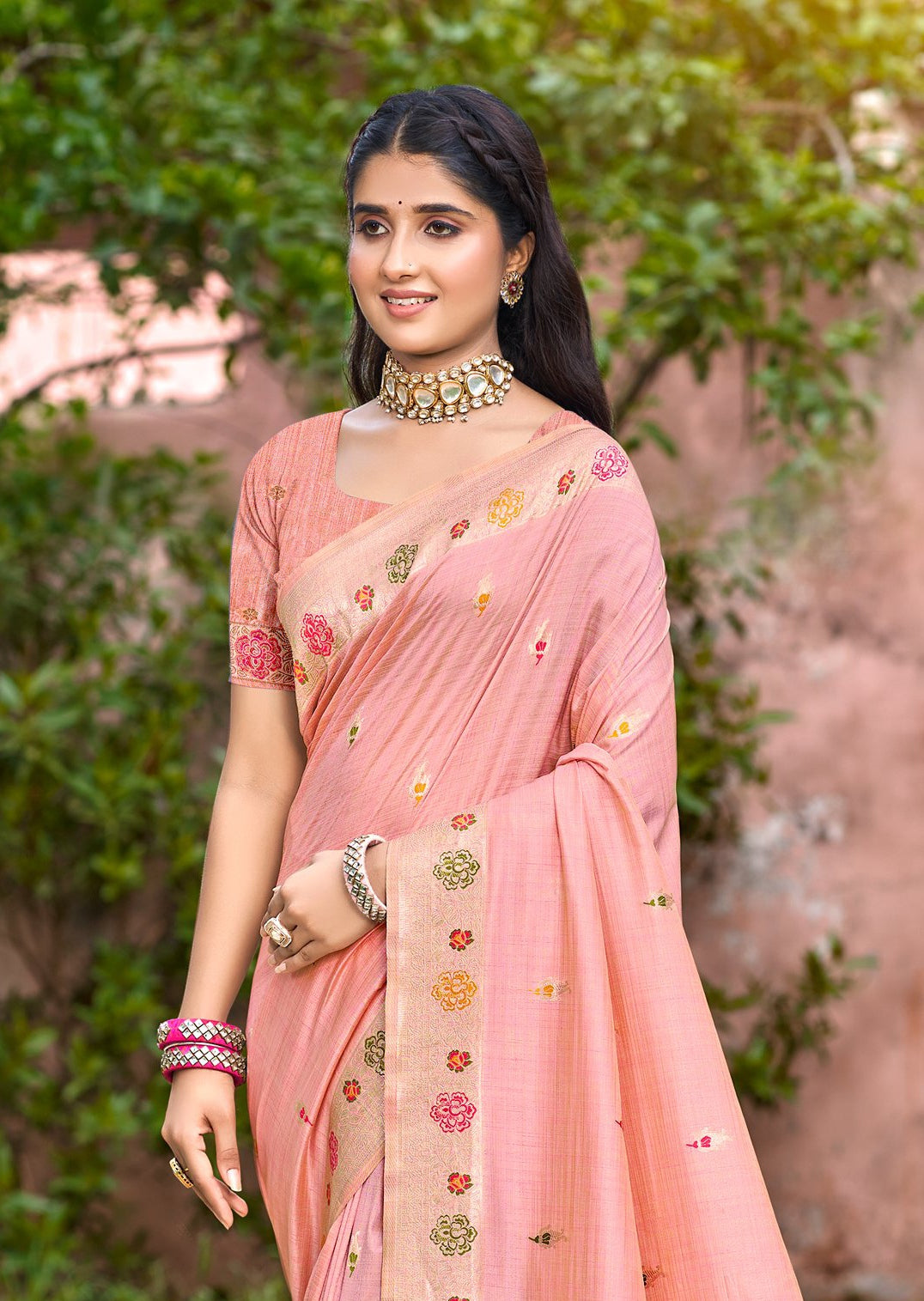 Sangam Prints Peach Heavy Assam Silk Saree With Meena Woven Work Traditional Saree - Distacart