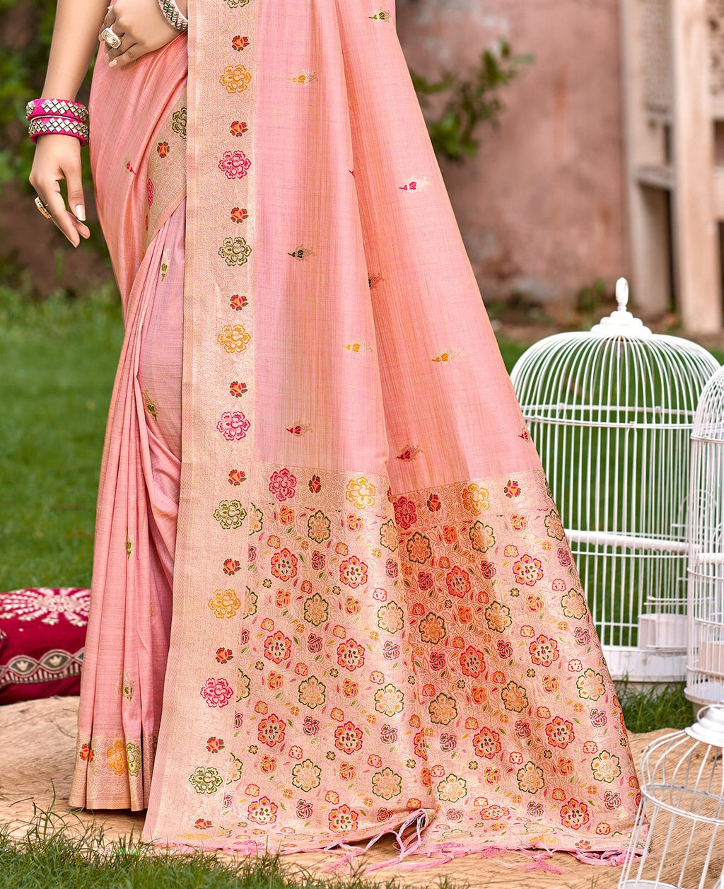Sangam Prints Peach Heavy Assam Silk Saree With Meena Woven Work Traditional Saree - Distacart