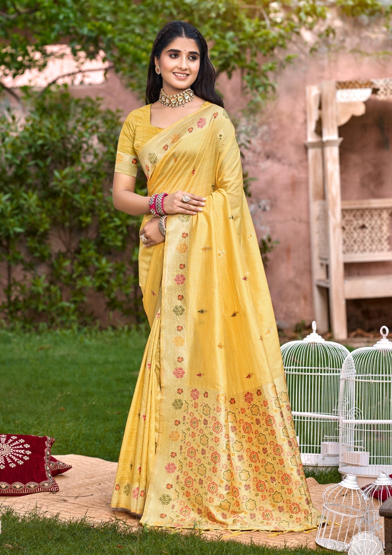 Sangam Prints Yellow Heavy Assam Silk Saree With Meena Woven Work Traditional Saree - Distacart