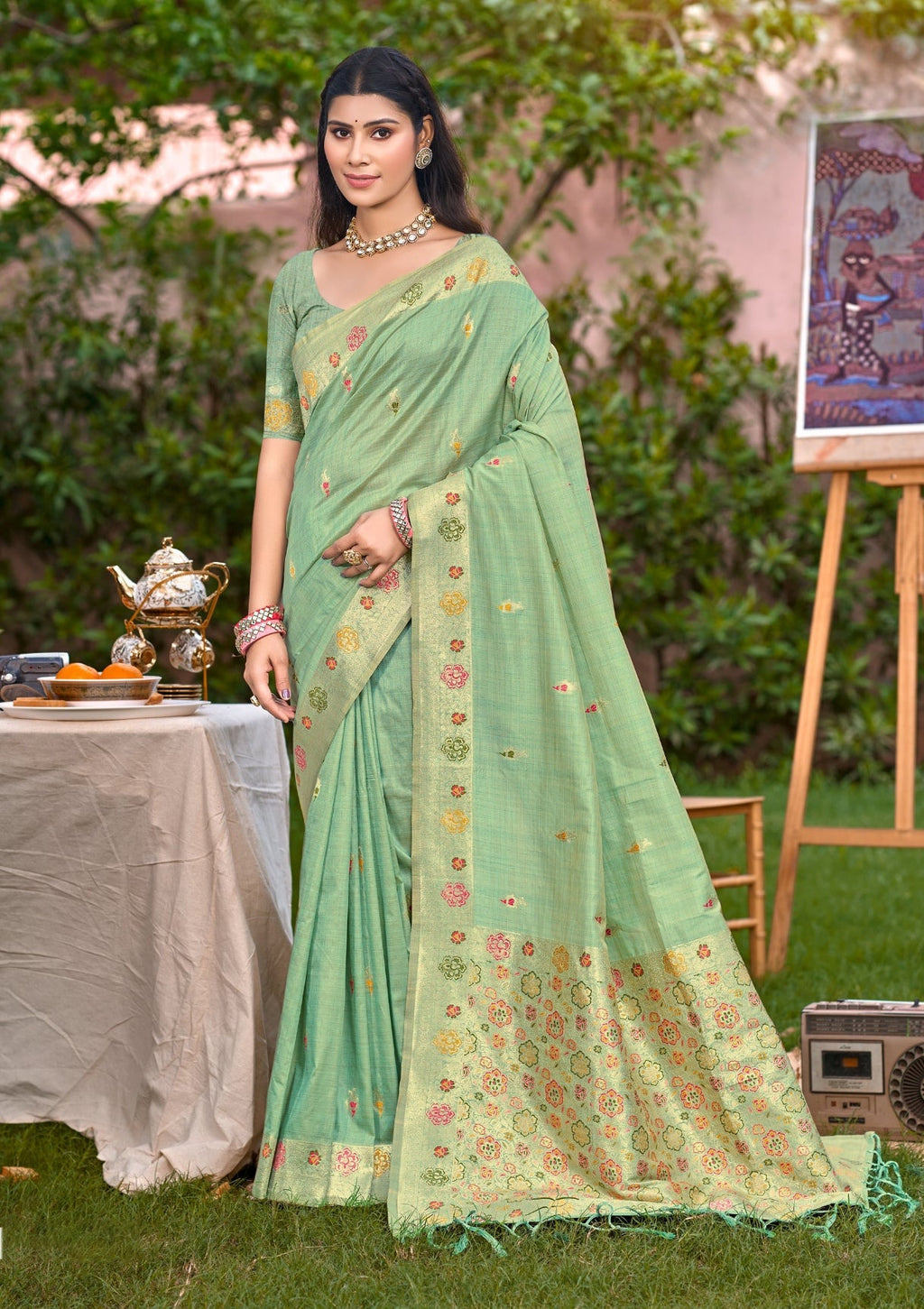 Sangam Prints Sea Green Heavy Assam Silk Saree With Meena Woven Work Traditional Saree - Distacart
