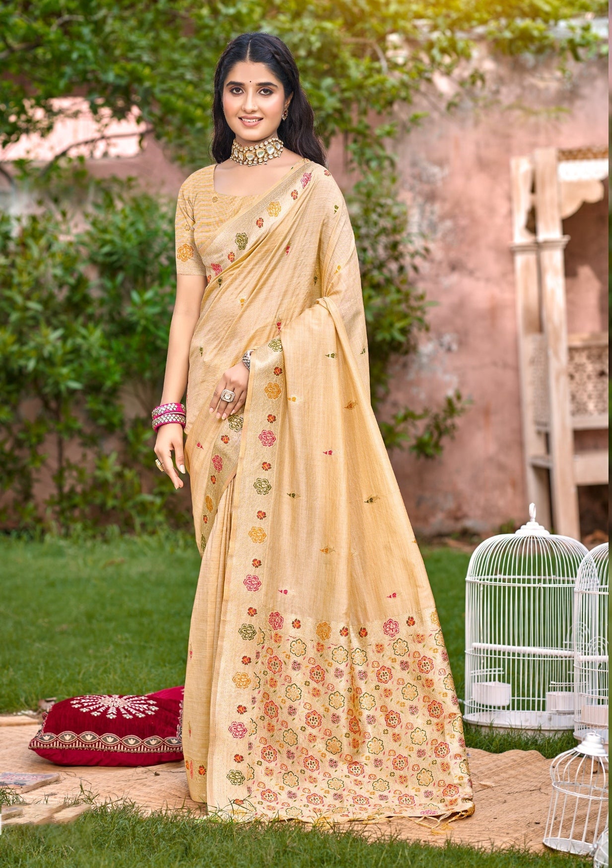 Sangam Prints Cream Heavy Assam Silk Saree With Meena Woven Work Traditional Saree - Distacart
