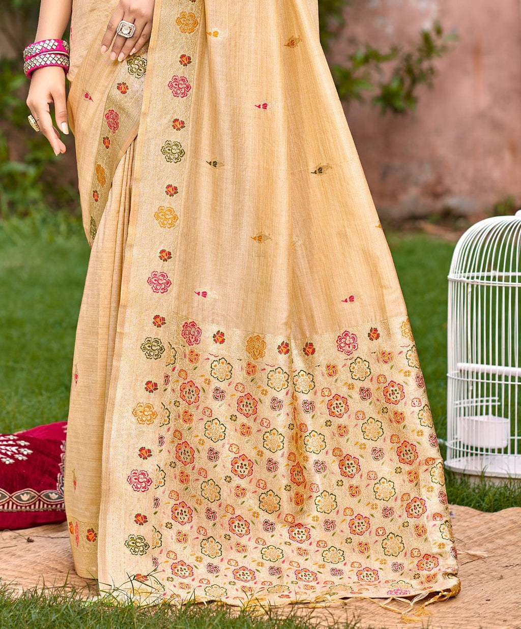 Sangam Prints Cream Heavy Assam Silk Saree With Meena Woven Work Traditional Saree - Distacart