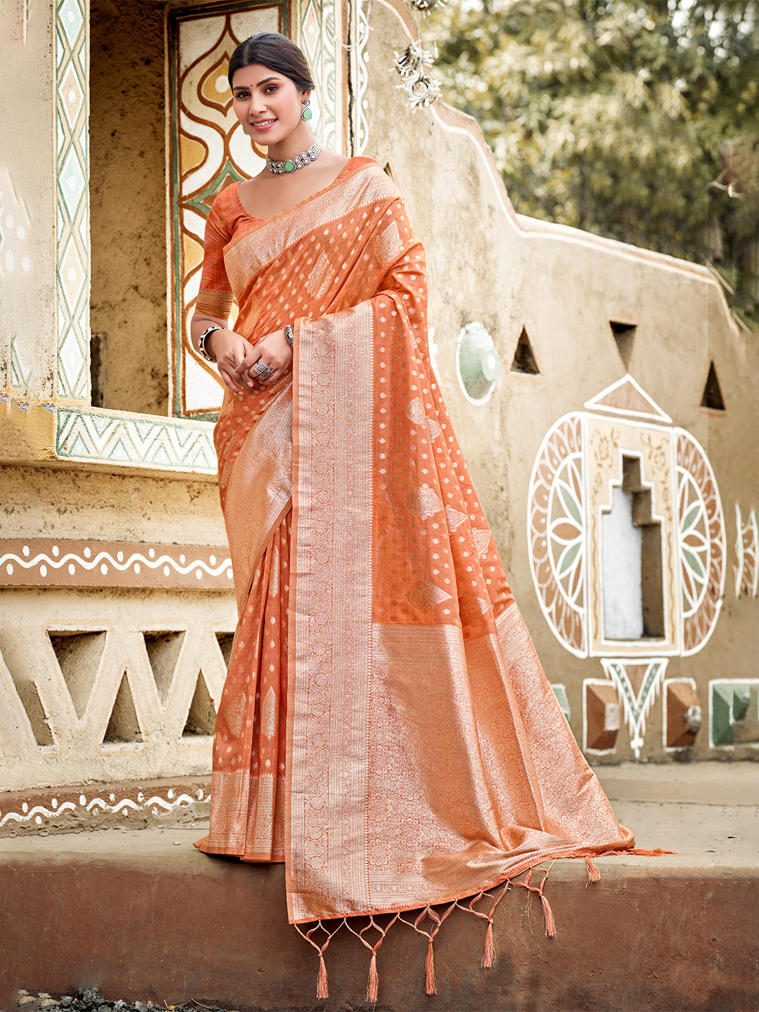 Sangam Prints Orange Assam Silk Woven Work Traditional Saree