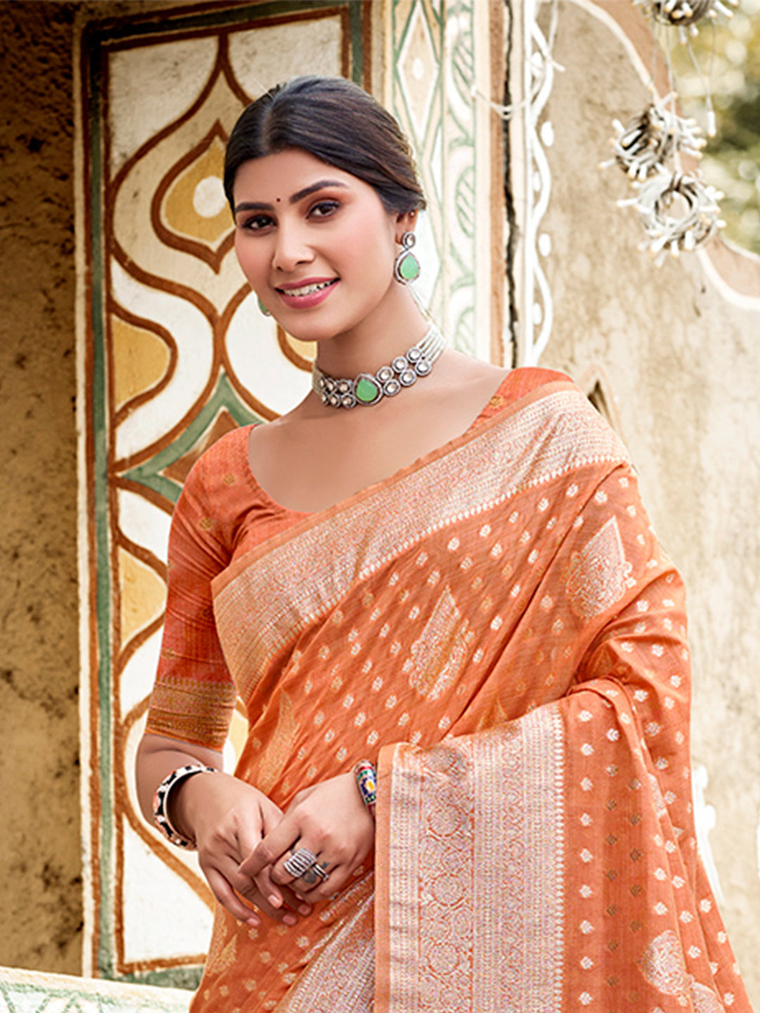 Sangam Prints Orange Assam Silk Woven Work Traditional Saree