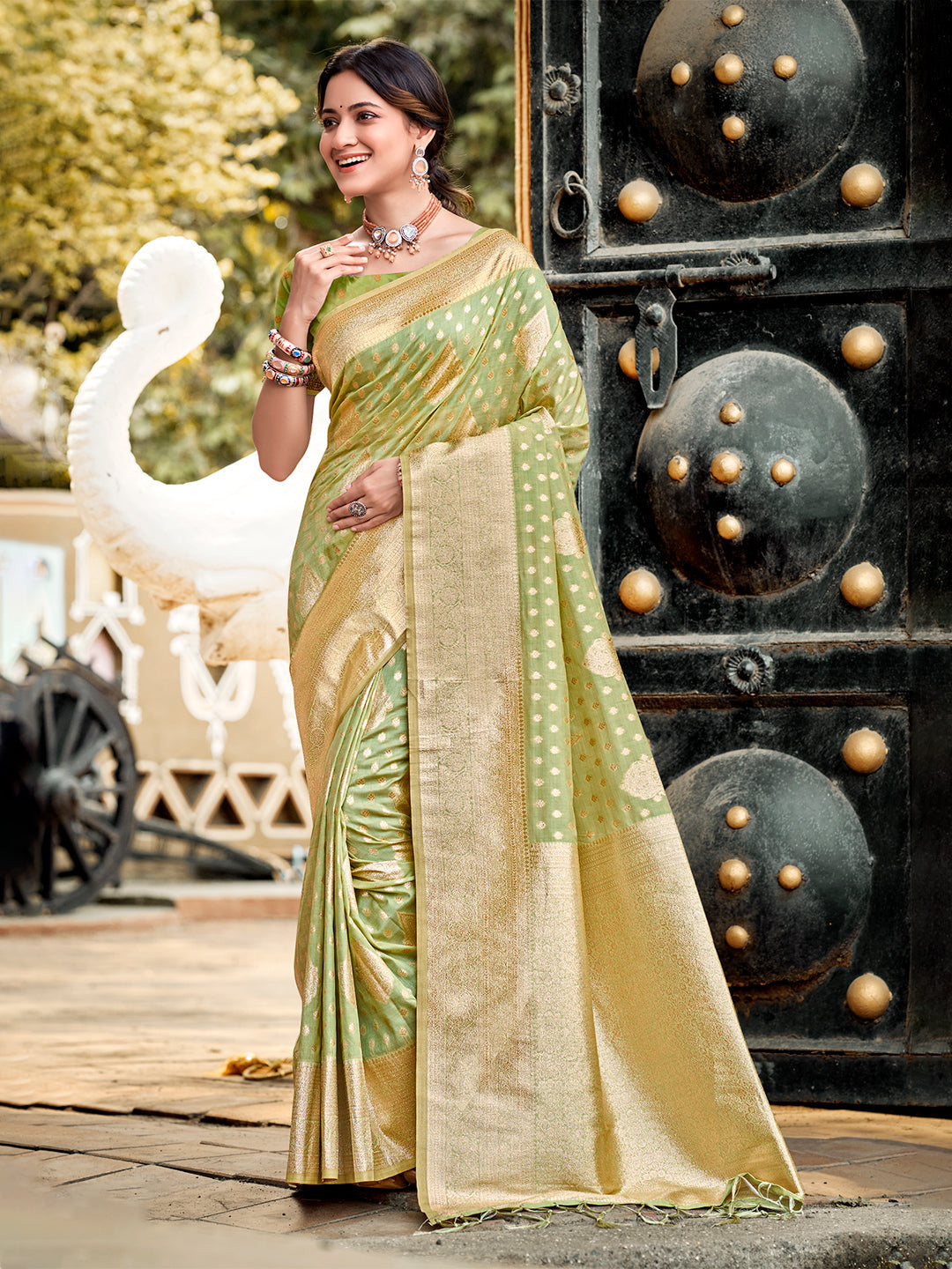 Sangam Prints Mint Green Assam Silk Woven Work Traditional Saree