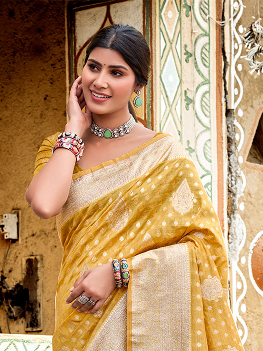 Sangam Prints Mustard Assam Silk Woven Work Traditional Saree