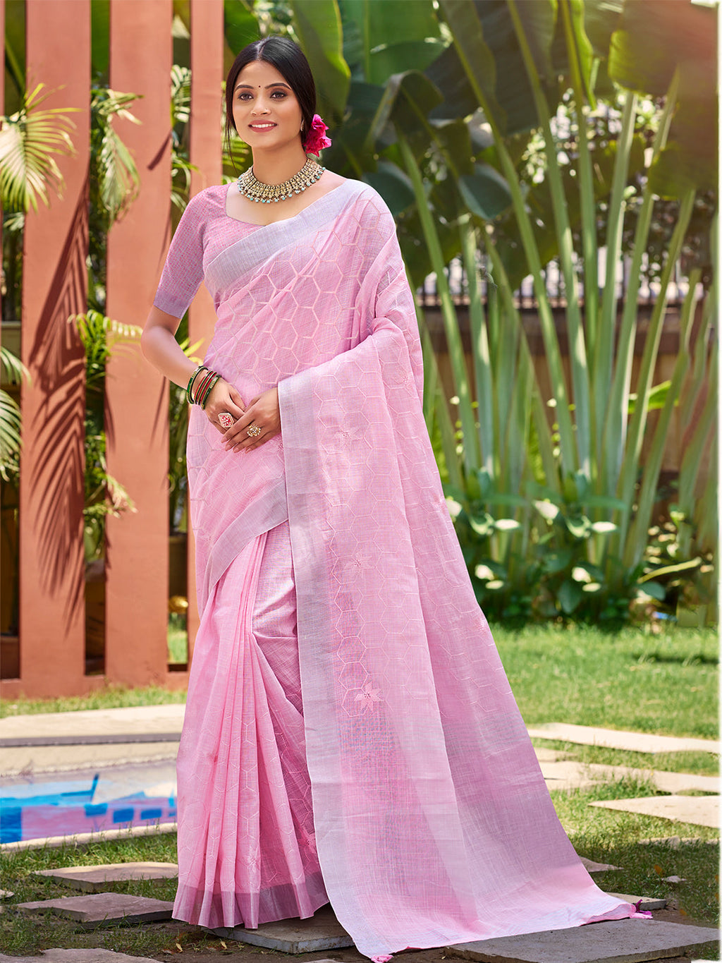 Sangam Prints Pink Linen Woven Work Traditional Saree - Distacart