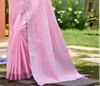 Sangam Prints Pink Linen Woven Work Traditional Saree - Distacart
