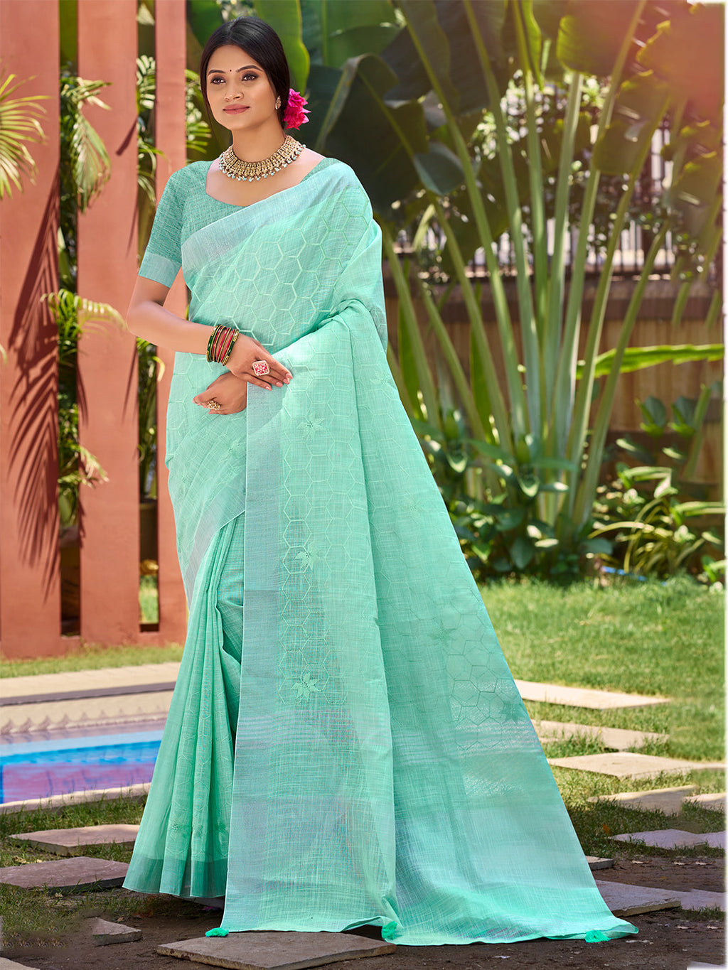 Sangam Prints Mint Green Linen Woven Work Traditional Saree - Distacart