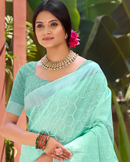 Sangam Prints Mint Green Linen Woven Work Traditional Saree - Distacart