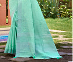 Sangam Prints Mint Green Linen Woven Work Traditional Saree - Distacart