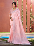 Sangam Prints Pink Linen Woven Work Traditional Saree - Distacart