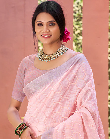Sangam Prints Pink Linen Woven Work Traditional Saree - Distacart