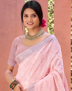 Sangam Prints Pink Linen Woven Work Traditional Saree - Distacart