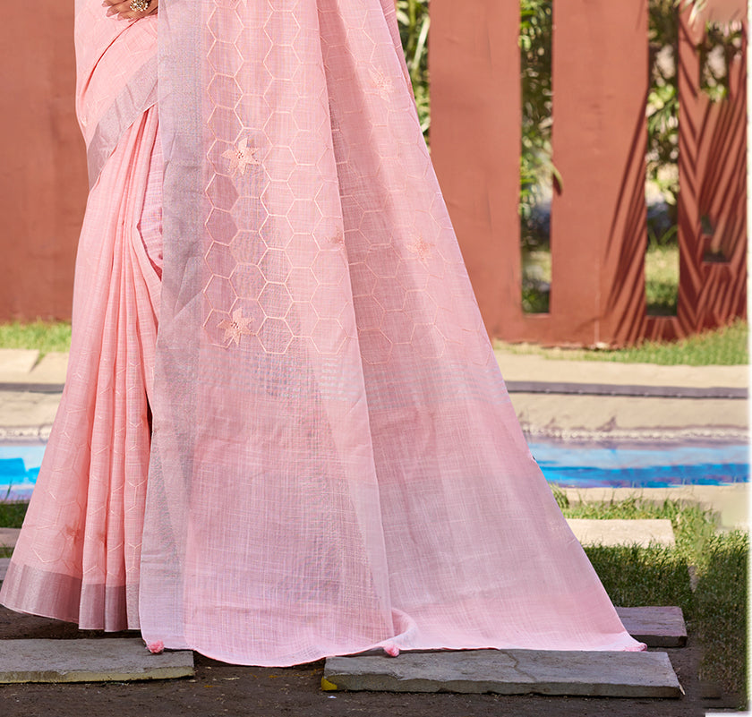 Sangam Prints Pink Linen Woven Work Traditional Saree - Distacart