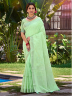 Sangam Prints Light Green Linen Woven Work Traditional Saree - Distacart