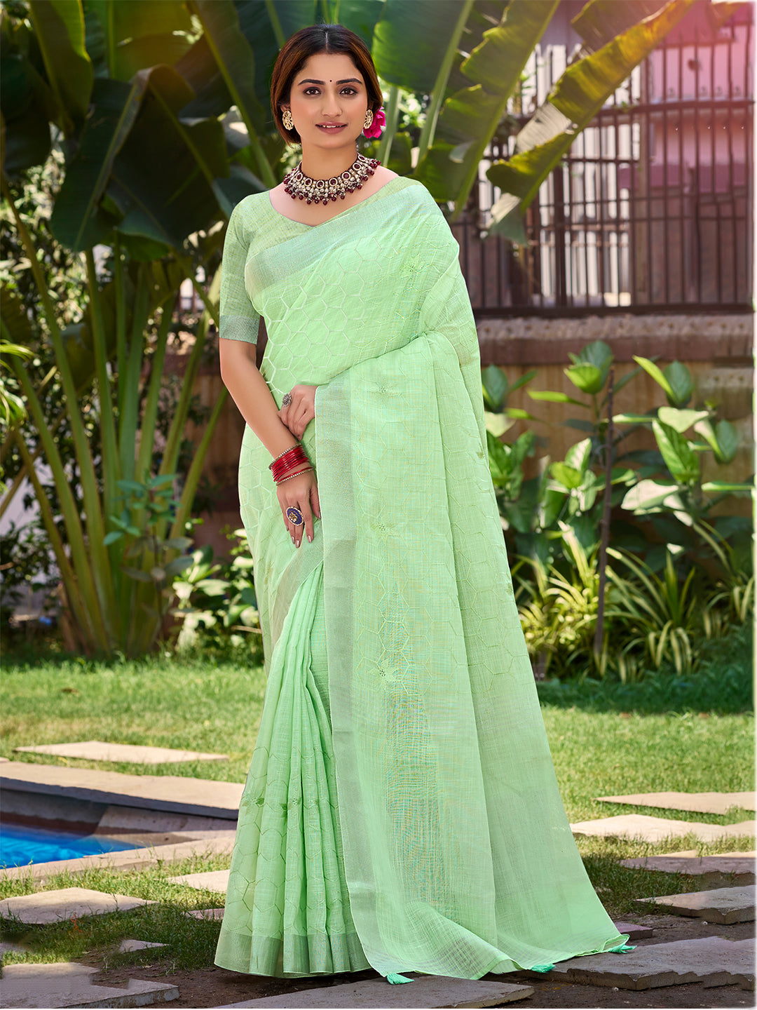 Sangam Prints Light Green Linen Woven Work Traditional Saree - Distacart