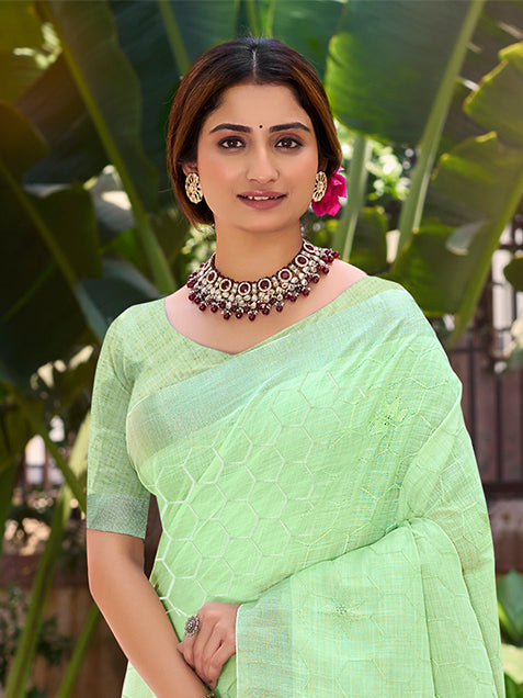 Sangam Prints Light Green Linen Woven Work Traditional Saree - Distacart
