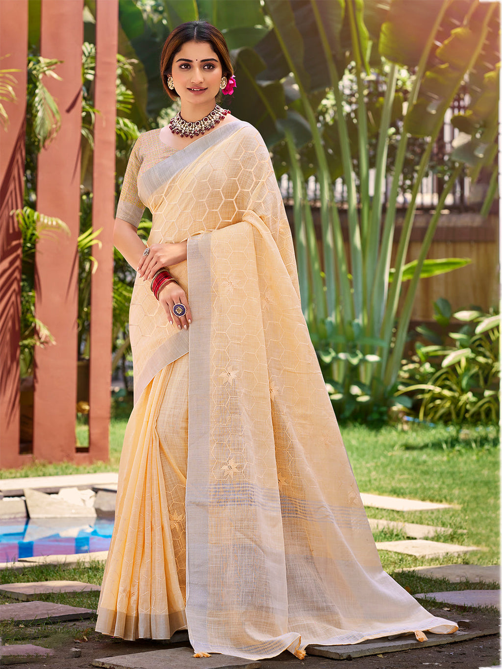 Sangam Prints Peach Linen Woven Work Traditional Saree - Distacart