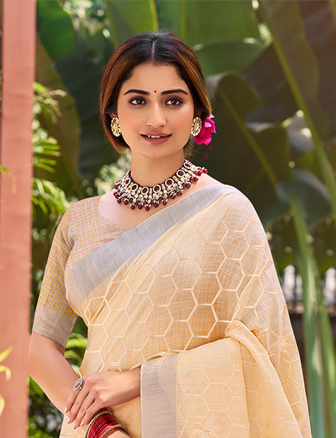 Sangam Prints Peach Linen Woven Work Traditional Saree - Distacart
