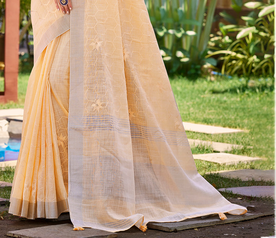Sangam Prints Peach Linen Woven Work Traditional Saree - Distacart