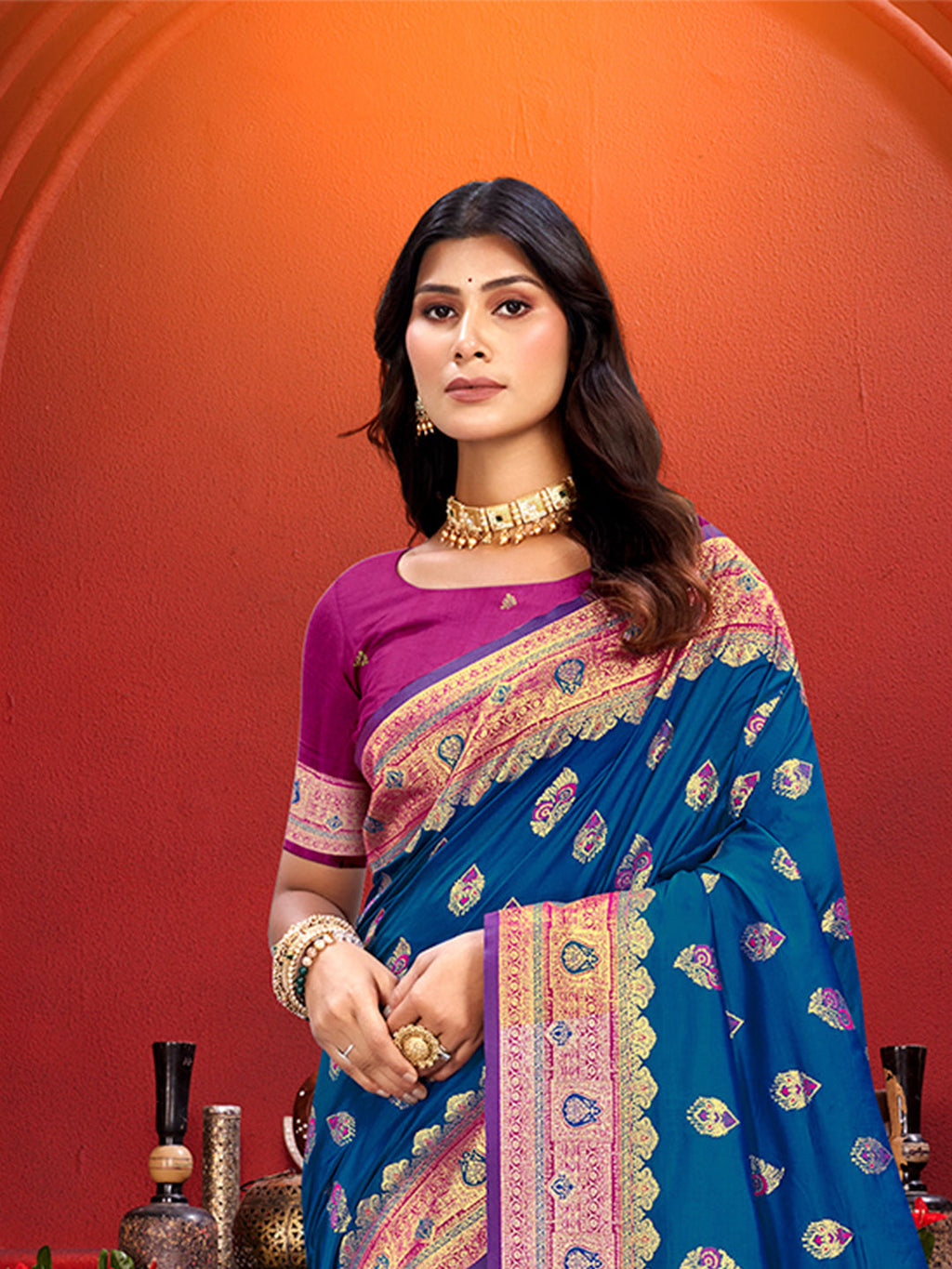 Sangam Prints Teal Blue Silk Woven Work Traditional Saree