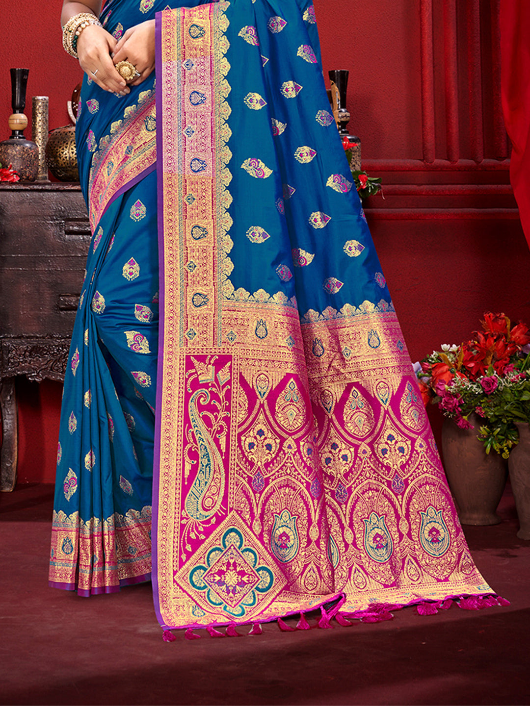 Sangam Prints Teal Blue Silk Woven Work Traditional Saree
