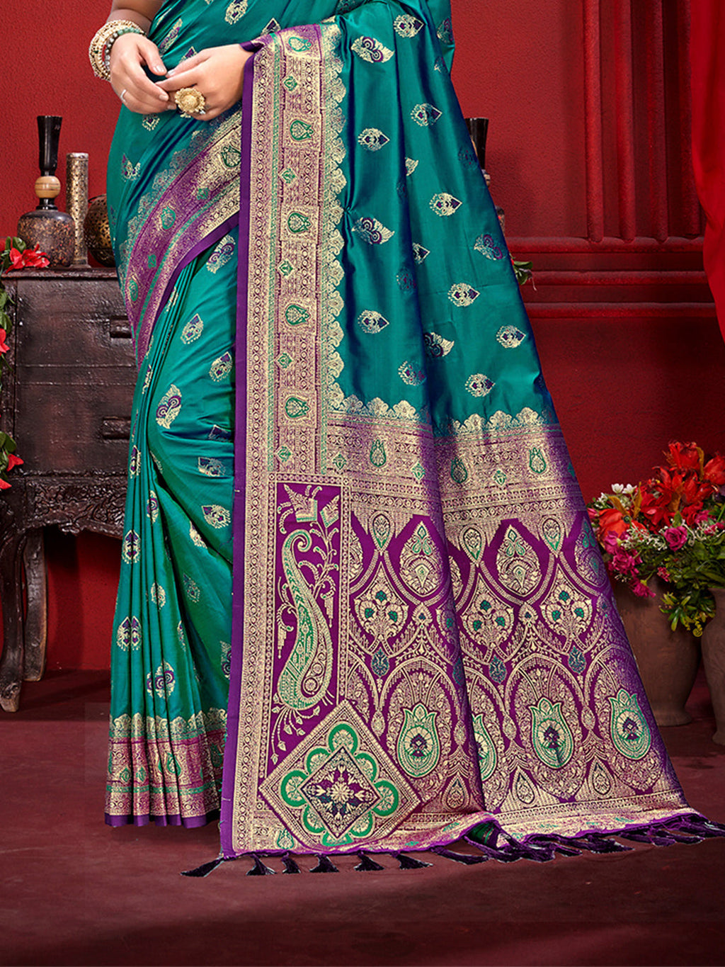 Sangam Prints Turquoise Blue Silk Woven Work Traditional Saree
