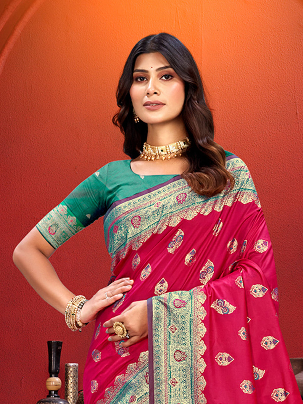 Sangam Prints Rani Pink Silk Woven Work Traditional Saree