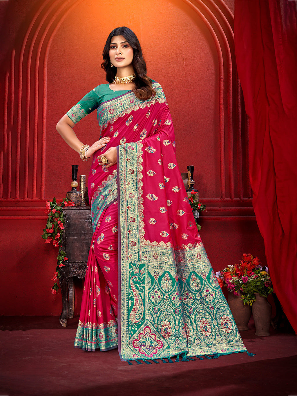 Sangam Prints Rani Pink Silk Woven Work Traditional Saree