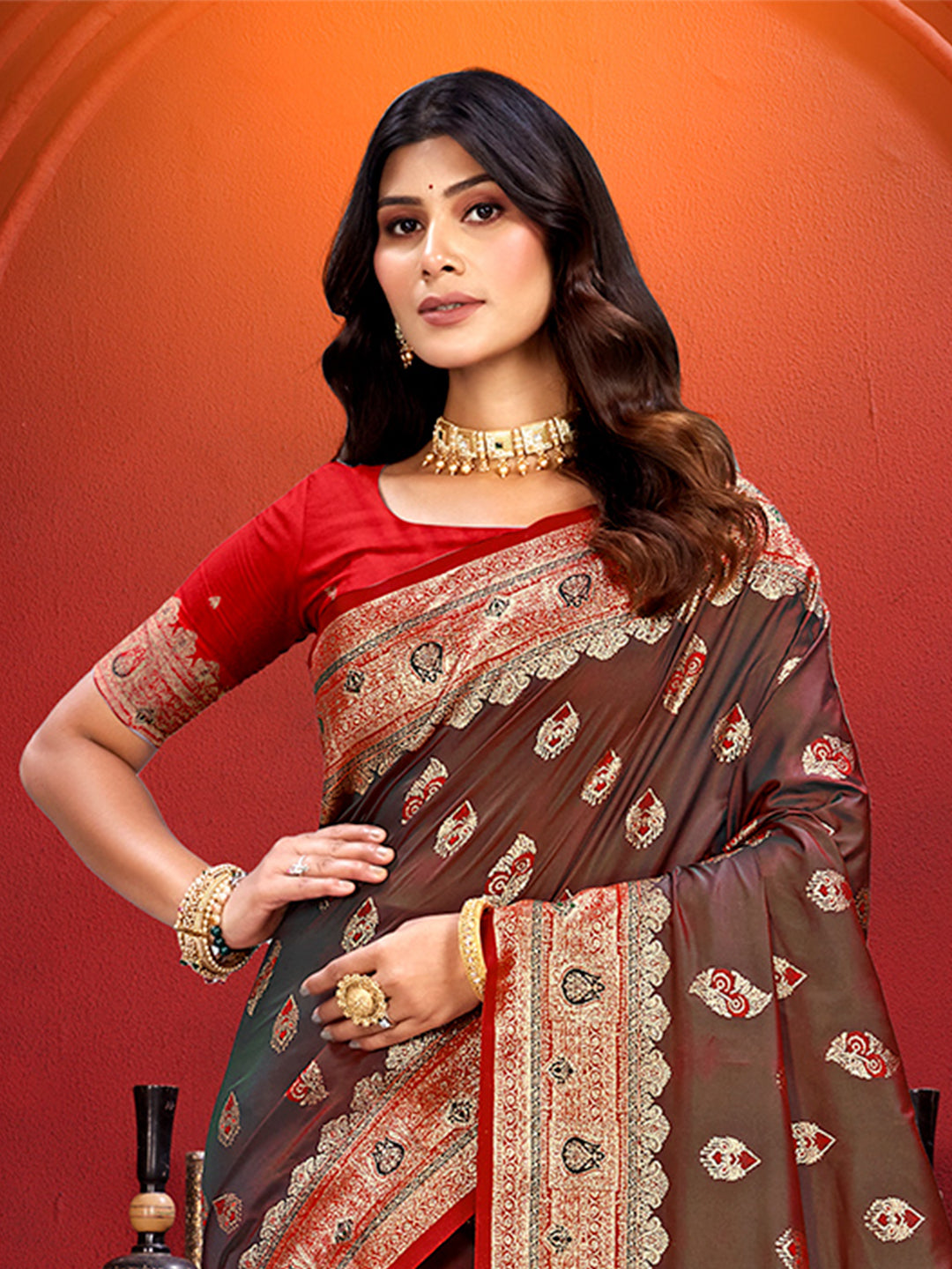Sangam Prints Brown  Silk Woven Work Traditional Saree