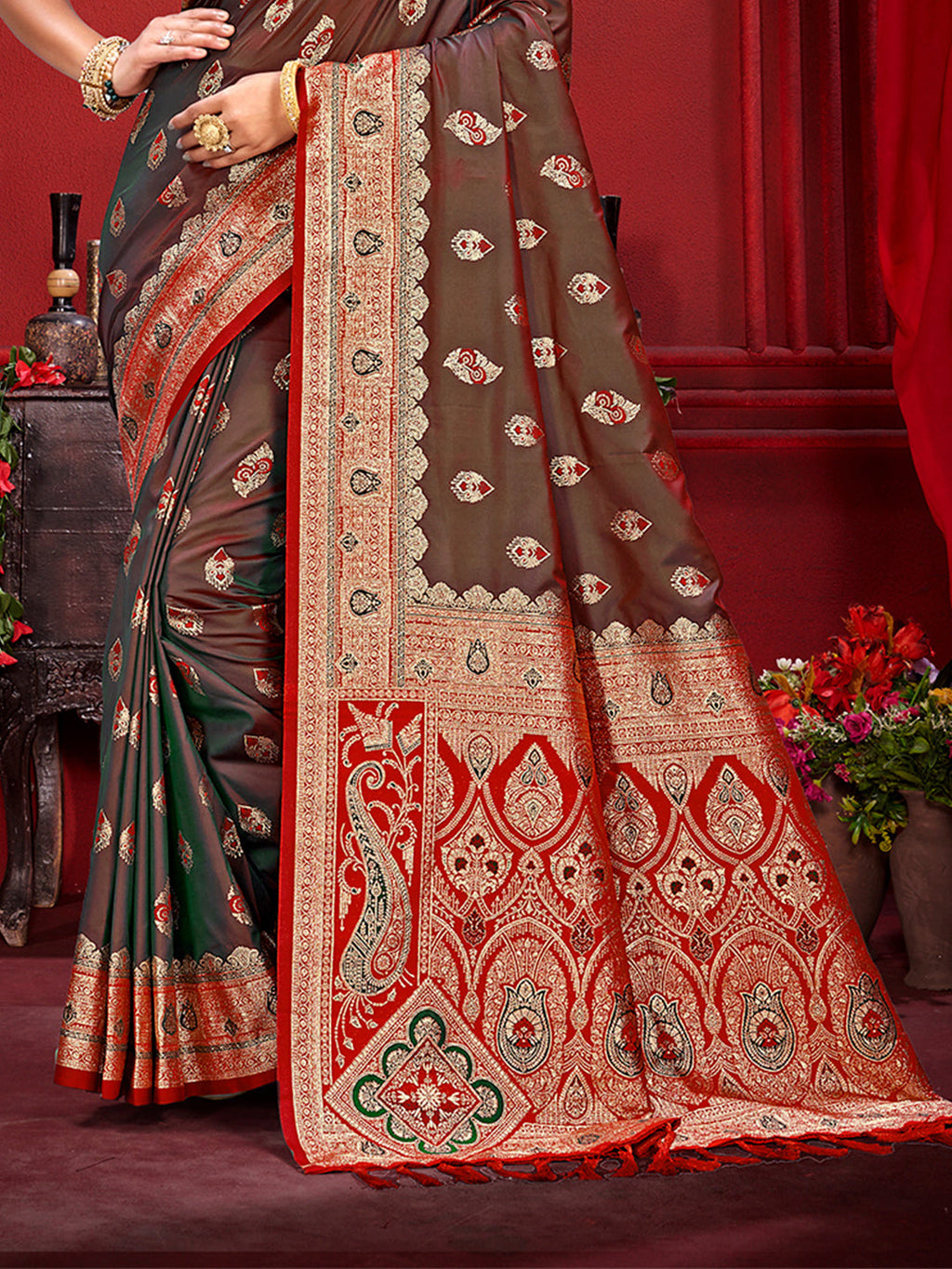 Sangam Prints Brown  Silk Woven Work Traditional Saree