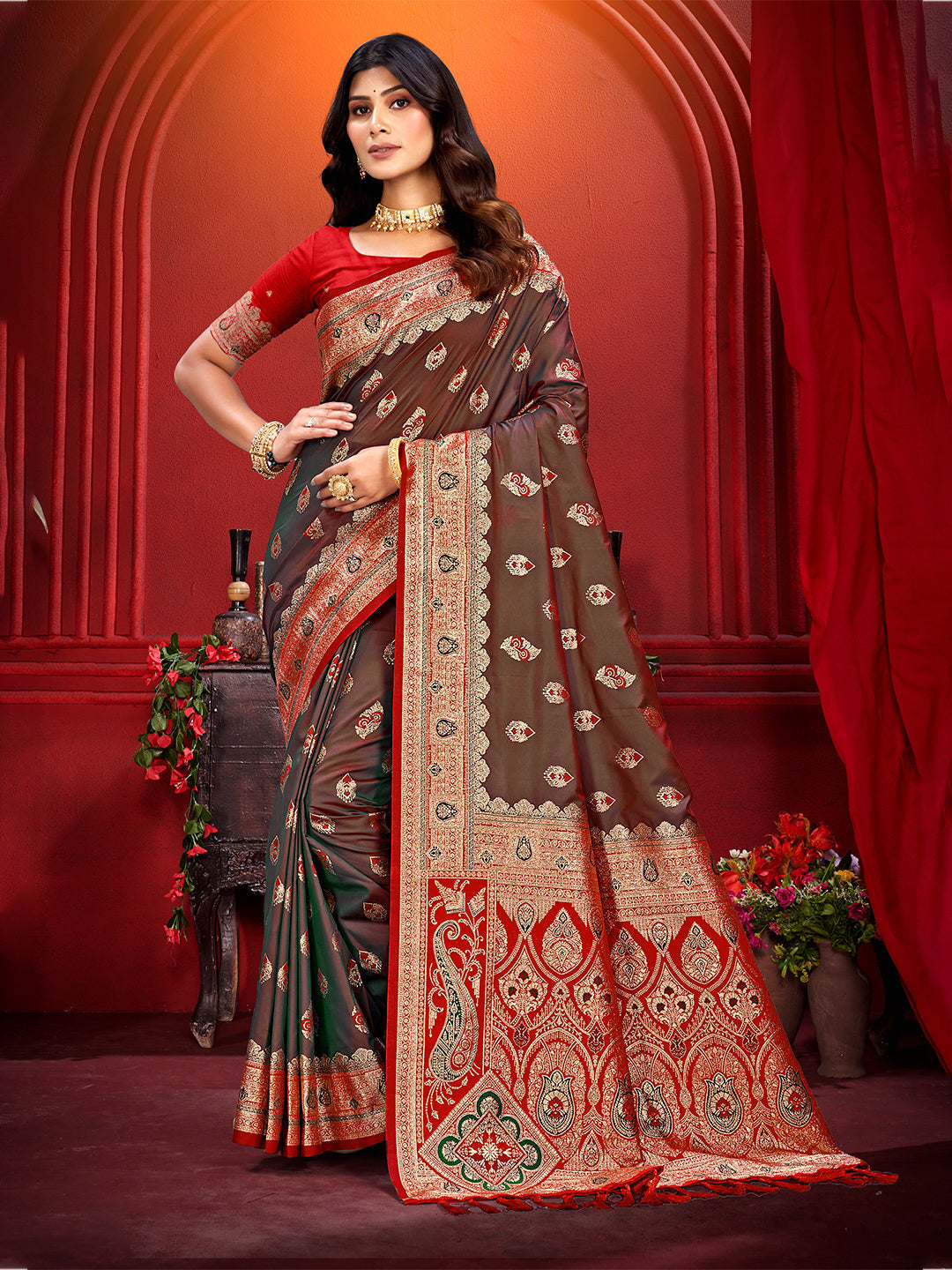 Sangam Prints Brown  Silk Woven Work Traditional Saree