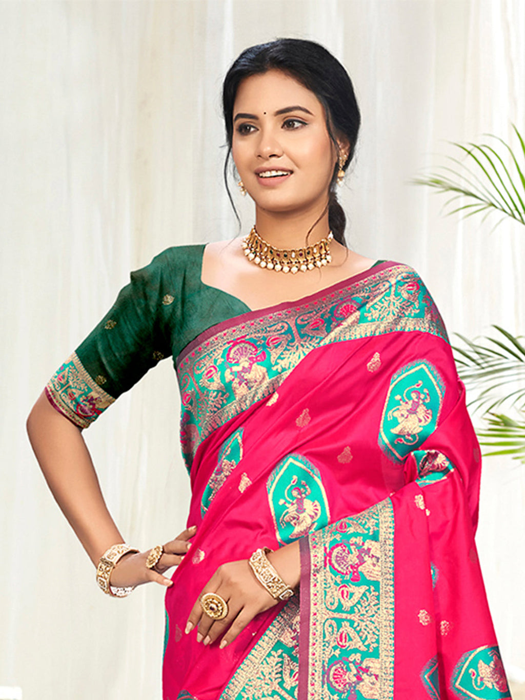 Sangam Prints Rani Pink Silk Woven Work Traditional Saree