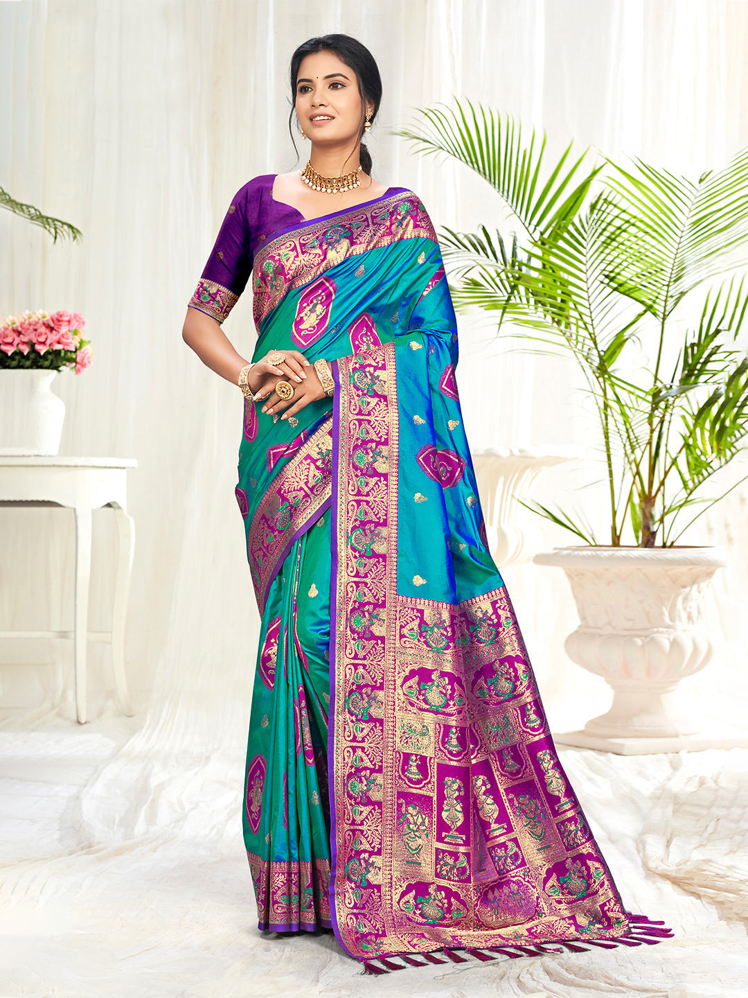 Sangam Prints Teal Blue Silk Woven Work Traditional Saree