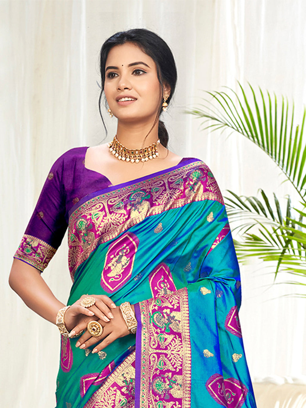 Sangam Prints Teal Blue Silk Woven Work Traditional Saree