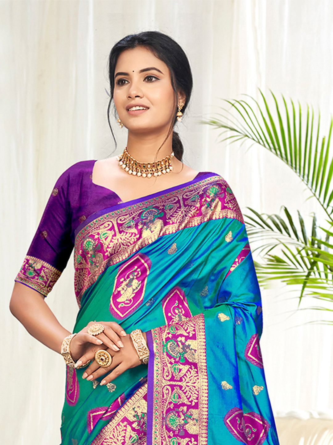 Sangam Prints Teal Blue Silk Woven Work Traditional Saree